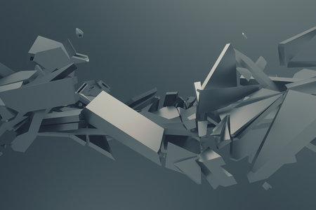 Abstract 3d rendering of cracked surface. Background with broken shape. Wall destruction. Bursting with debris. Modern cgi illustration. Design for poster, banner, placard, cover, print.の写真素材