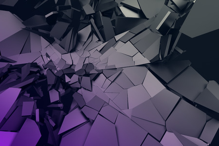Abstract 3d rendering of cracked surface. Background with broken shape. Wall destruction. Bursting with debris. Modern cgi illustration. Design for poster, banner, placard, cover, print.の写真素材