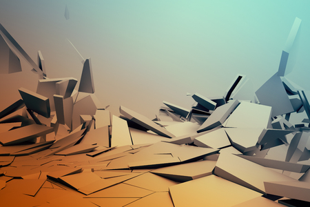 Abstract 3d rendering of cracked surface. Background with broken shape. Wall destruction. Bursting with debris. Modern cgi illustration. Design for poster, banner, placard, cover, print.の写真素材