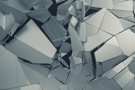 Abstract 3d rendering of cracked surface. Background with broken shape. Wall destruction. Bursting with debris. Modern cgi illustration. Design for poster, banner, placard, cover, print.の写真素材