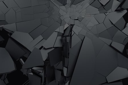 Abstract 3d rendering of cracked surface. Background with broken shape. Wall destruction. Bursting with debris. Modern cgi illustration. Design for poster, banner, placard, cover, print.の写真素材