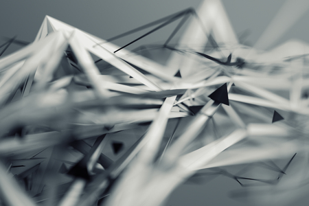 Abstract 3d rendering of chaotic plexus surface. Contemporary background with futuristic polygonal shape. Distorted low poly object with sharp lines. Design for poster, banner, placard.の写真素材