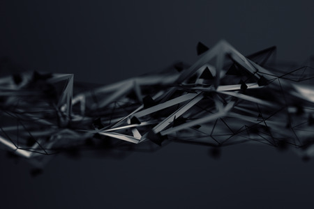 Abstract 3d rendering of chaotic plexus surface. Contemporary background with futuristic polygonal shape. Distorted low poly object with sharp lines. Design for poster, banner, placard.の写真素材