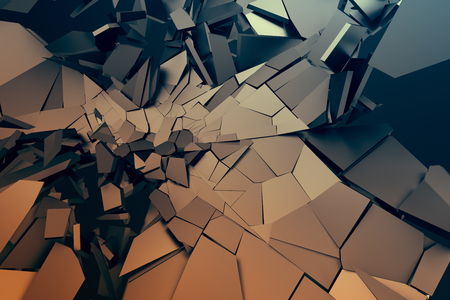 Abstract 3d rendering of cracked surface. Background with broken shape. Wall destruction. Bursting with debris. Modern cgi illustration. Design for poster, banner, placard, cover, print.の写真素材