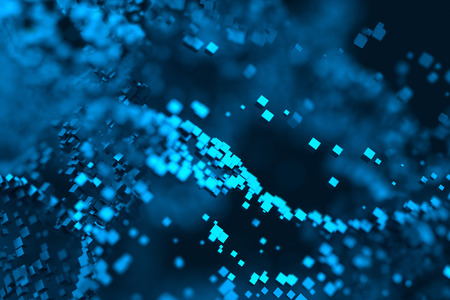 Abstract 3d rendering of chaotic particles. Flying cubes in empty space. Dynamic shape. Futuristic background with bokeh, depth of field effect. Design for poster, banner, placard.の写真素材