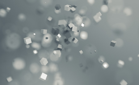 Abstract 3d rendering of chaotic cubes. Flying shapes in empty space. Dynamic background with bokeh, depth of field effect. Design for poster, banner, placard.の写真素材