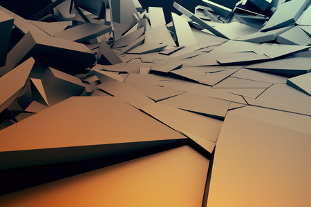 Abstract 3d rendering of cracked surface. Background with broken shape. Wall destruction. Bursting with debris. Modern cgi illustration. Design for poster, banner, placard, cover, print.の写真素材