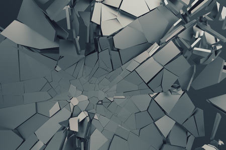 Abstract 3d rendering of cracked surface. Background with broken shape. Wall destruction. Bursting with debris. Modern cgi illustration. Design for poster, banner, placard, cover, print.の写真素材