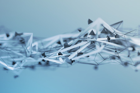 Abstract 3d rendering of chaotic plexus surface. Contemporary background with futuristic polygonal shape. Distorted low poly object with sharp lines. Design for poster, banner, placard.の写真素材