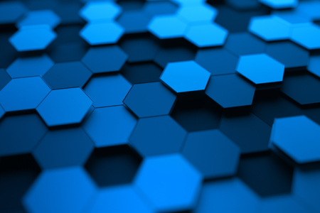 Abstract 3d rendering of futuristic surface with hexagons. Contemporary sci-fi background with bokeh effect. Poster design.の写真素材