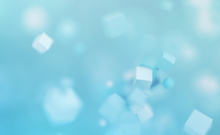 Abstract 3d rendering of chaotic cubes. Flying shapes in empty space. Dynamic background with bokeh, depth of field effect. Design for poster, banner, placard.の写真素材