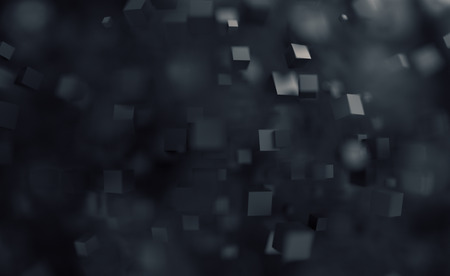 Abstract 3d rendering of chaotic cubes. Flying shapes in empty space. Dynamic background with bokeh, depth of field effect. Design for poster, banner, placard.の写真素材