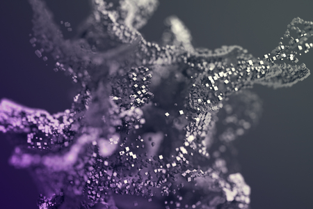 Abstract 3d rendering of chaotic particles. Flying cubes in empty space. Dynamic shape. Futuristic background with bokeh, depth of field effect. Design for poster, banner, placard.の写真素材