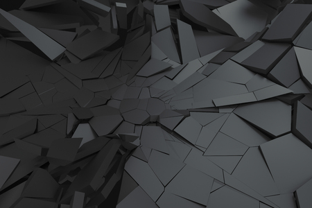 Abstract 3d rendering of cracked surface. Background with broken shape. Wall destruction. Bursting with debris. Modern cgi illustration. Design for poster, banner, placard, cover, print.の写真素材