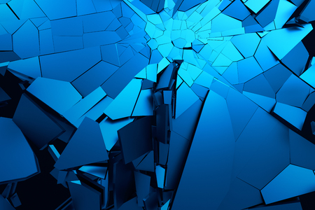 Abstract 3d rendering of cracked surface. Background with broken shape. Wall destruction. Bursting with debris. Modern cgi illustration. Design for poster, banner, placard, cover, print.の写真素材