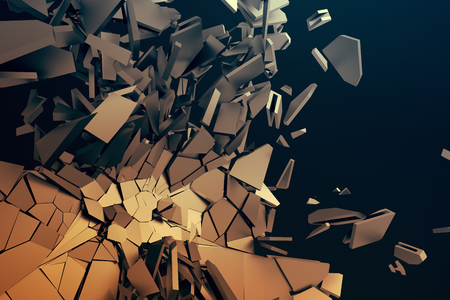 Abstract 3d rendering of cracked surface. Background with broken shape. Wall destruction. Bursting with debris. Modern cgi illustration. Design for poster, banner, placard, cover, print.の写真素材