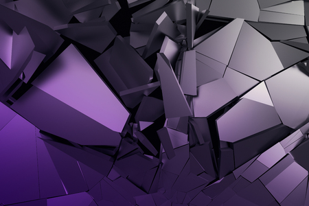 Abstract 3d rendering of cracked surface. Background with broken shape. Wall destruction. Bursting with debris. Modern cgi illustration. Design for poster, banner, placard, cover, print.の写真素材