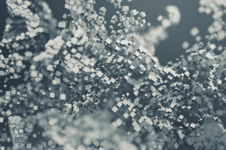 Abstract 3d rendering of chaotic particles. Flying cubes in empty space. Dynamic shape. Futuristic background with bokeh, depth of field effect. Design for poster, banner, placard.の写真素材