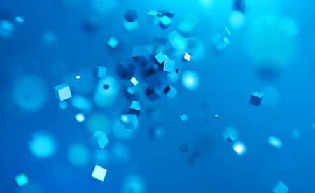 Abstract 3d rendering of chaotic cubes. Flying shapes in empty space. Dynamic background with bokeh, depth of field effect. Design for poster, banner, placard.の写真素材
