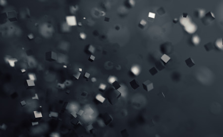 Abstract 3d rendering of chaotic cubes. Flying shapes in empty space. Dynamic background with bokeh, depth of field effect. Design for poster, banner, placard.の写真素材