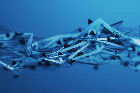 Abstract 3d rendering of chaotic plexus surface. Contemporary background with futuristic polygonal shape. Distorted low poly object with sharp lines. Design for poster, banner, placard.の写真素材