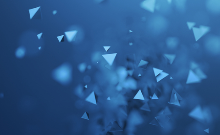 Abstract 3d rendering of chaotic low poly shapes. Flying polygonal pyramids in empty space. Futuristic background with bokeh effect. Poster design.の写真素材
