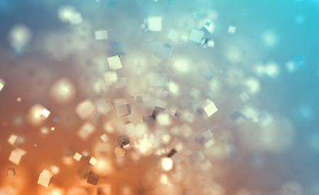 Abstract 3d rendering of chaotic cubes. Flying shapes in empty space. Dynamic background with bokeh, depth of field effect. Design for poster, banner, placard.の写真素材