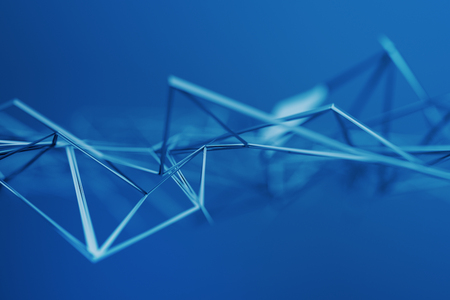 Abstract 3d rendering of chaotic plexus surface. Contemporary background with futuristic polygonal shape. Distorted low poly object with sharp lines. Design for poster, banner, placard.の写真素材