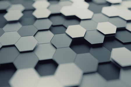 Abstract 3d rendering of futuristic surface with hexagons. Contemporary sci-fi background with bokeh effect. Poster design.の写真素材