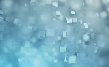 Abstract 3d rendering of chaotic cubes. Flying shapes in empty space. Dynamic background with bokeh, depth of field effect. Design for poster, banner, placard.の写真素材