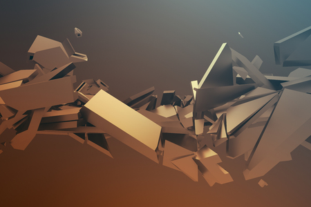 Abstract 3d rendering of cracked surface. Background with broken shape. Wall destruction. Bursting with debris. Modern cgi illustration. Design for poster, banner, placard, cover, print.の写真素材