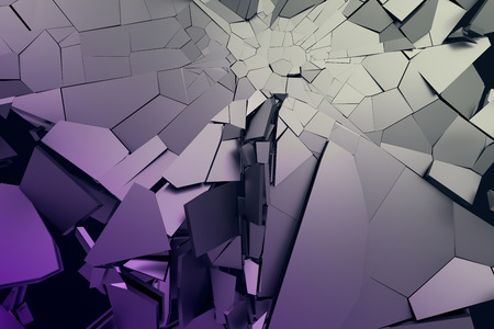 Abstract 3d rendering of cracked surface. Background with broken shape. Wall destruction. Bursting with debris. Modern cgi illustration. Design for poster, banner, placard, cover, print.の写真素材