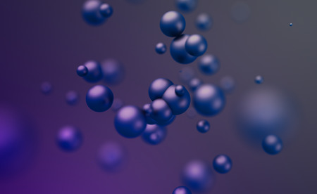 Abstract 3d rendering of chaotic spheres. Flying particles in empty space. Dynamic shape. Futuristic background with bokeh, depth of field effect. Design for poster, banner, placard.の写真素材