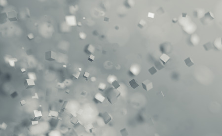 Abstract 3d rendering of chaotic cubes. Flying shapes in empty space. Dynamic background with bokeh, depth of field effect. Design for poster, banner, placard.の写真素材