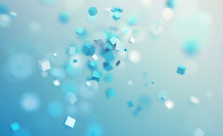 Abstract 3d rendering of chaotic cubes. Flying shapes in empty space. Dynamic background with bokeh, depth of field effect. Design for poster, banner, placard.の写真素材