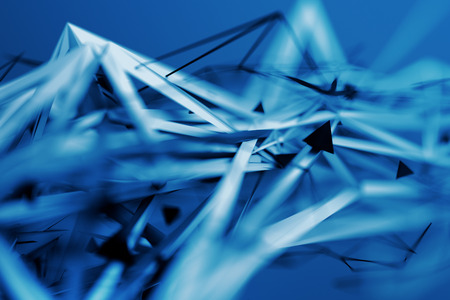 Abstract 3d rendering of chaotic plexus surface. Contemporary background with futuristic polygonal shape. Distorted low poly object with sharp lines. Design for poster, banner, placard.の写真素材