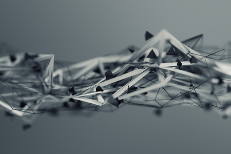 Abstract 3d rendering of chaotic plexus surface. Contemporary background with futuristic polygonal shape. Distorted low poly object with sharp lines. Design for poster, banner, placard.の写真素材