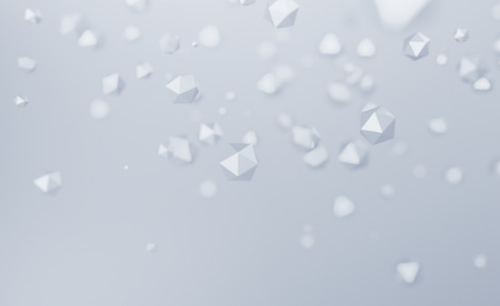 Abstract 3d rendering of chaotic low poly particles. Flying polygonal spheres in empty space. Futuristic background with bokeh effect. Poster design.の写真素材