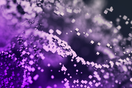 Abstract 3d rendering of chaotic particles. Flying cubes in empty space. Dynamic shape. Futuristic background with bokeh, depth of field effect. Design for poster, banner, placard.の写真素材