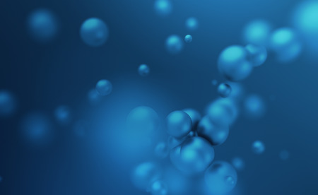 Abstract 3d rendering of chaotic spheres. Flying particles in empty space. Dynamic shape. Futuristic background with bokeh, depth of field effect. Design for poster, banner, placard.の写真素材
