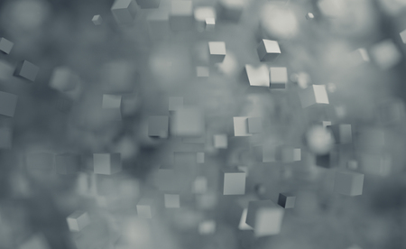 Abstract 3d rendering of chaotic cubes. Flying shapes in empty space. Dynamic background with bokeh, depth of field effect. Design for poster, banner, placard.の写真素材