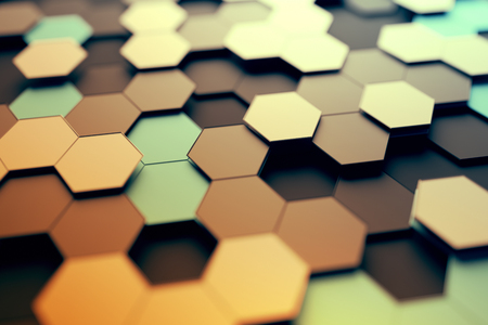 Abstract 3d rendering of futuristic surface with hexagons. Contemporary sci-fi background with bokeh effect. Poster design.の写真素材