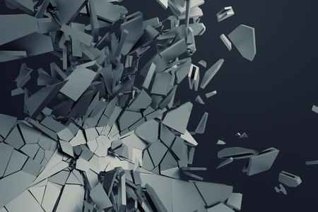 Abstract 3d rendering of cracked surface. Background with broken shape. Wall destruction. Bursting with debris. Modern cgi illustration. Design for poster, banner, placard, cover, print.の写真素材