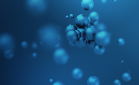 Abstract 3d rendering of chaotic spheres. Flying particles in empty space. Dynamic shape. Futuristic background with bokeh, depth of field effect. Design for poster, banner, placard.の写真素材