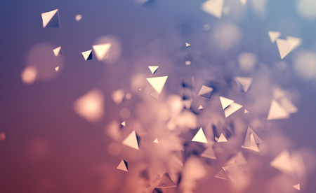 Abstract 3d rendering of chaotic low poly shapes. Flying polygonal pyramids in empty space. Futuristic background with bokeh effect. Poster design.の写真素材