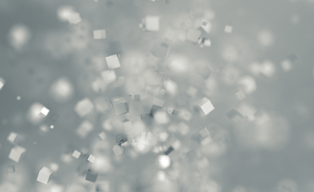 Abstract 3d rendering of chaotic cubes. Flying shapes in empty space. Dynamic background with bokeh, depth of field effect. Design for poster, banner, placard.の写真素材