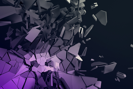 Abstract 3d rendering of cracked surface. Background with broken shape. Wall destruction. Bursting with debris. Modern cgi illustration. Design for poster, banner, placard, cover, print.の写真素材