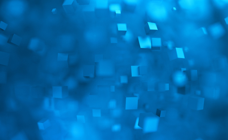 Abstract 3d rendering of chaotic cubes. Flying shapes in empty space. Dynamic background with bokeh, depth of field effect. Design for poster, banner, placard.の写真素材