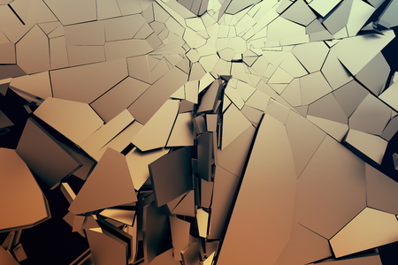 Abstract 3d rendering of cracked surface. Background with broken shape. Wall destruction. Bursting with debris. Modern cgi illustration. Design for poster, banner, placard, cover, print.の写真素材