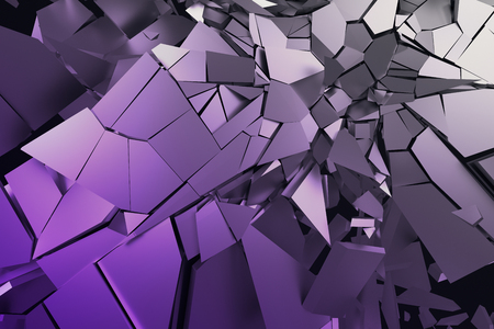 Abstract 3d rendering of cracked surface. Background with broken shape. Wall destruction. Bursting with debris. Modern cgi illustration. Design for poster, banner, placard, cover, print.の写真素材